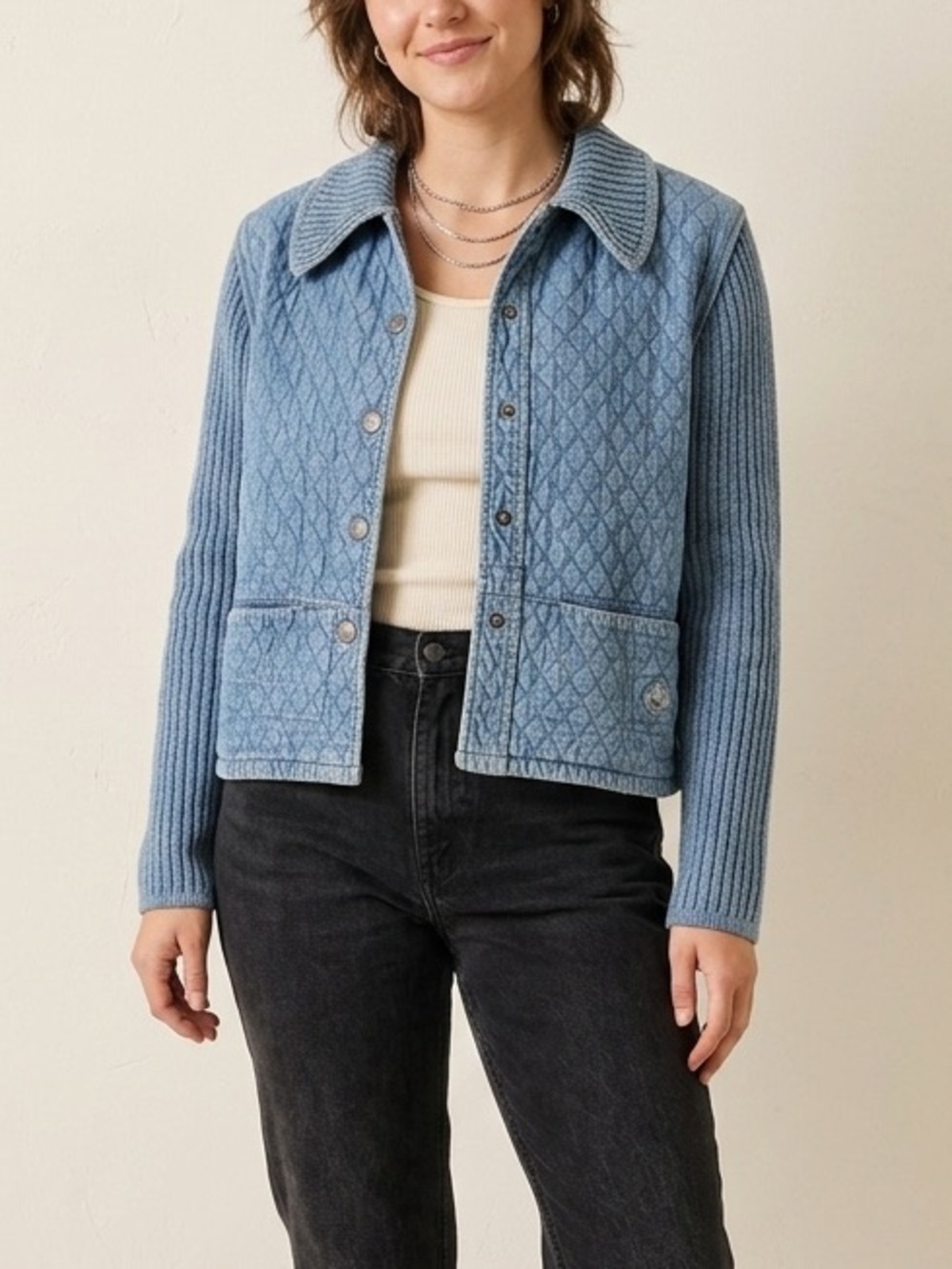 Vintage Blue Willi’s Denmark Quilted Denim Jacket M
Womens Knit Sleeves Button